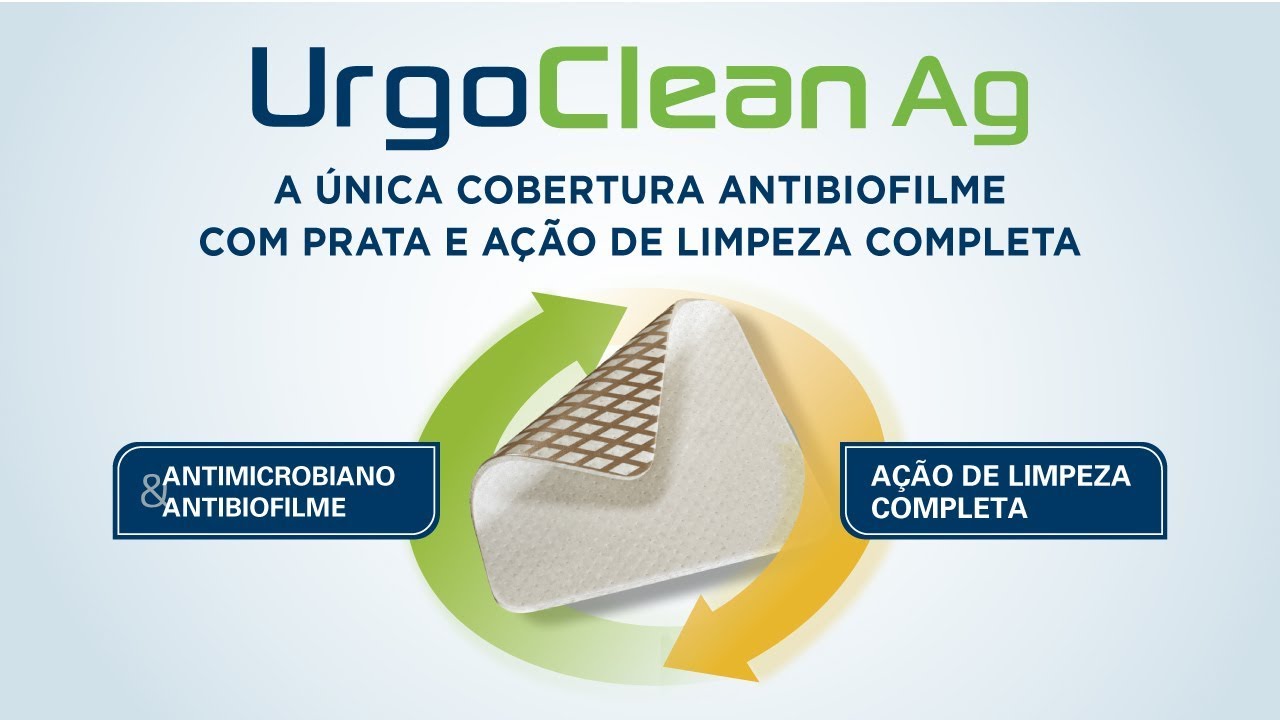 Curativo Antibiofilme e Antimicrobiano com Prata — UrgoClean AG é uma cobertura antibiofilme com prata e com ação de limpeza completa;